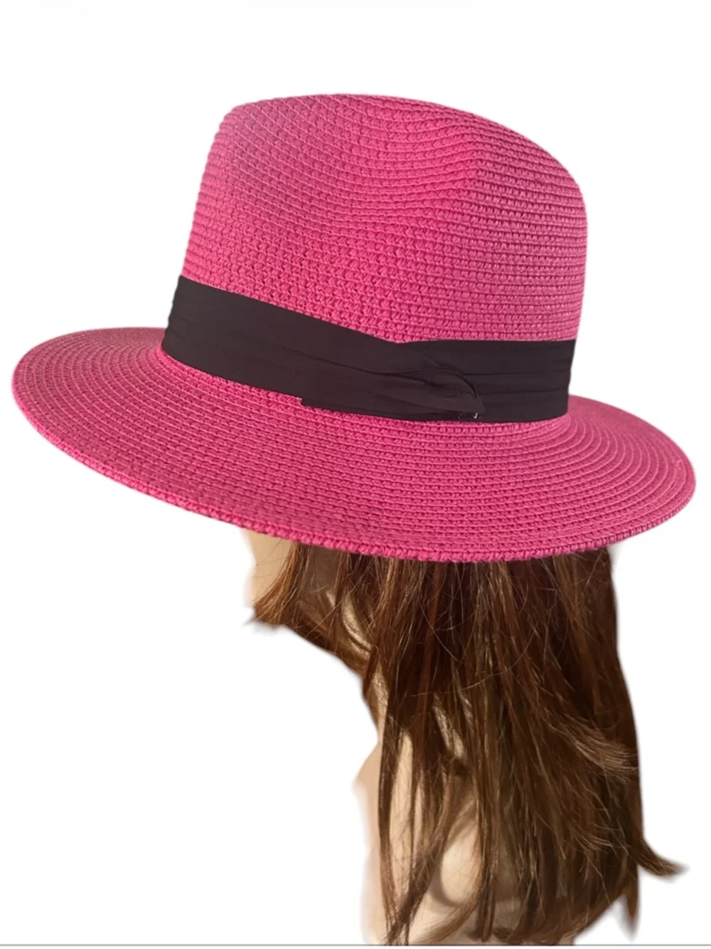 Vintage Hot Pink Wide Brim Straw Fedora with Black Band - Picture 6 of 7